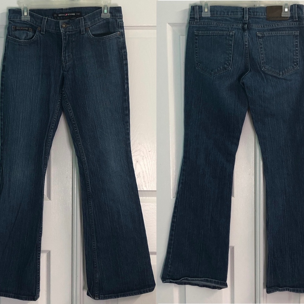 3/$40 Vtg 90s/Y2K DKNY Dark Wash Flared Leg Low Rise Denim Blue Jeans Jrs 7R